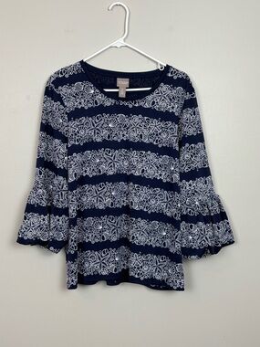Chicos Top Womens 2 US Lg Blue White Seashell Tropical Blouse